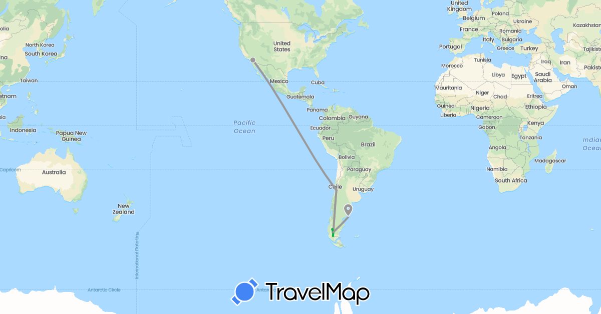 TravelMap itinerary: driving, bus, plane in Argentina, Chile, United States (North America, South America)
